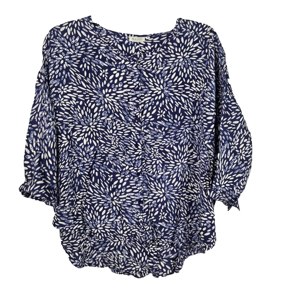 Masai  Blue Print Woven Button Detail Tunic Top Size Medium M